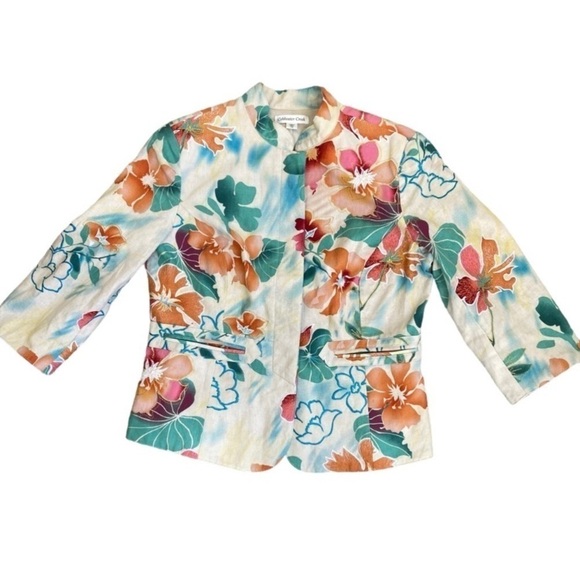 Coldwater Creek Colorful Floral Embroidered Linen Blend Boho Blazer Jacket Sz 8P - Picture 13 of 16